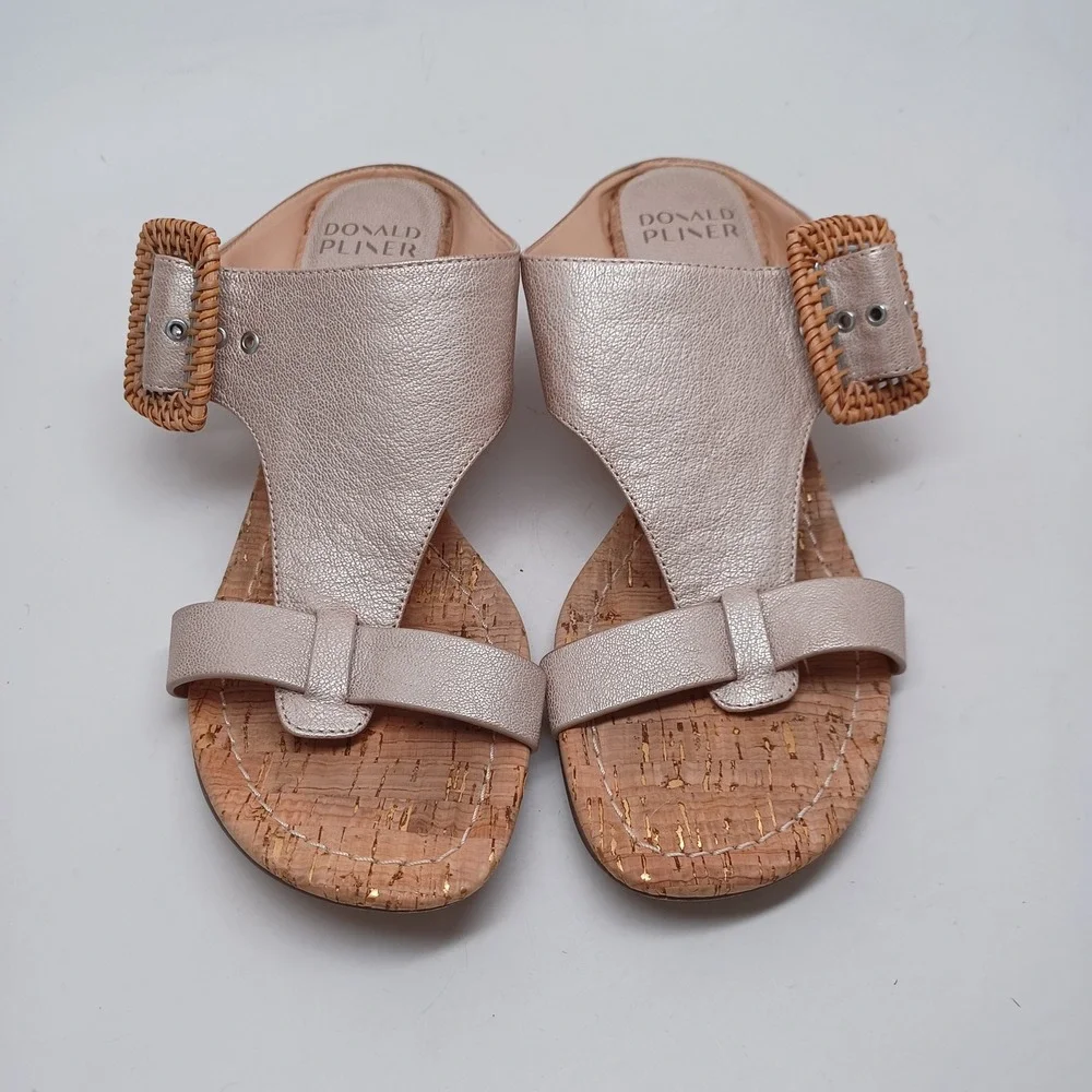 Donald Pliner VINESP Champagne Metallic Cork Wedge Sandals Woven Buckle 7.5M